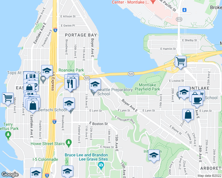 map of restaurants, bars, coffee shops, grocery stores, and more near Boyer Avenue East & Everett Avenue East in Seattle