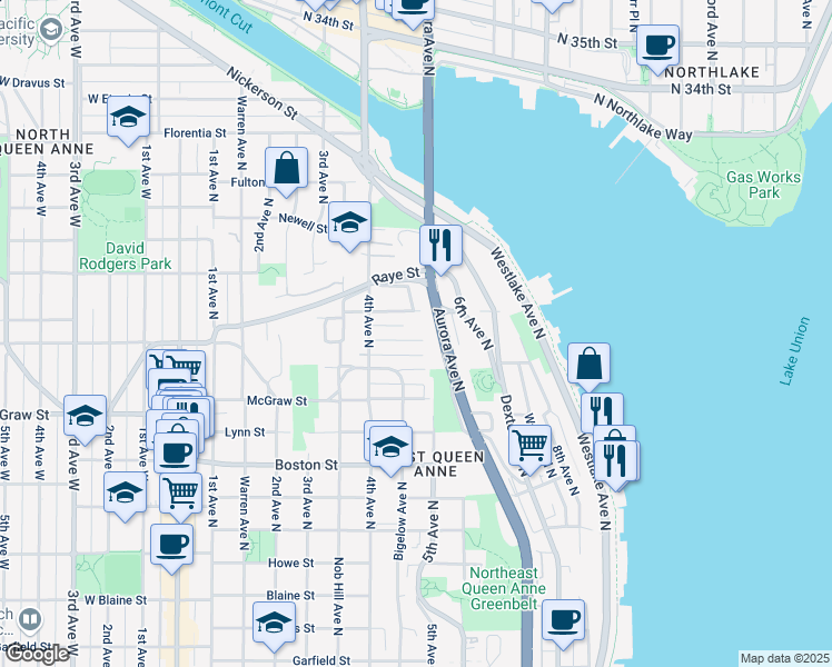map of restaurants, bars, coffee shops, grocery stores, and more near 444 Smith Street in Seattle
