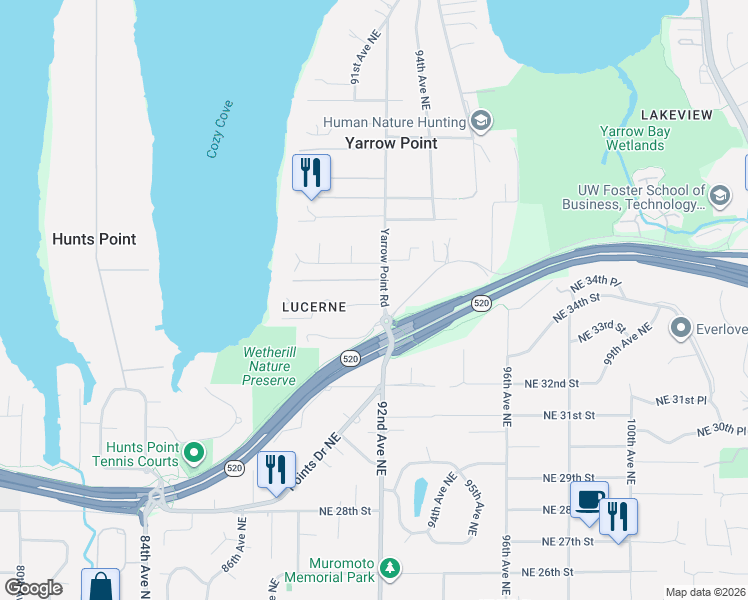 map of restaurants, bars, coffee shops, grocery stores, and more near 9061 Northeast 34th Street in Yarrow Point