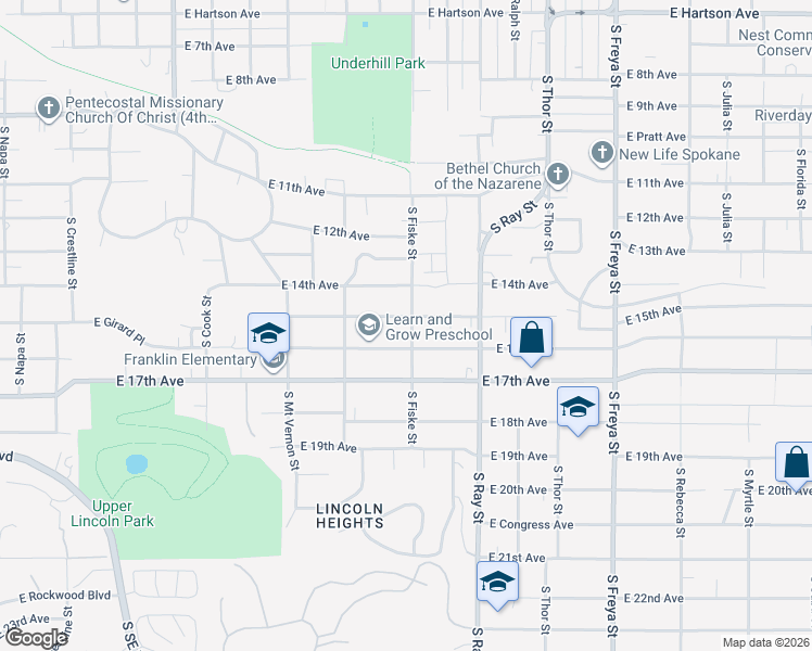 map of restaurants, bars, coffee shops, grocery stores, and more near 3030 East 15th Avenue in Spokane