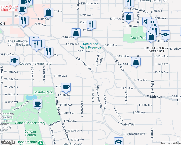 map of restaurants, bars, coffee shops, grocery stores, and more near 716 East Rockwood Boulevard in Spokane