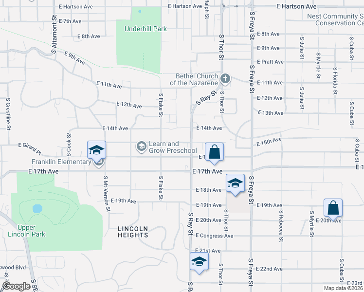 map of restaurants, bars, coffee shops, grocery stores, and more near 3130 East 15th Avenue in Spokane