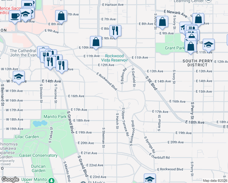 map of restaurants, bars, coffee shops, grocery stores, and more near 716 East Rockwood Boulevard in Spokane