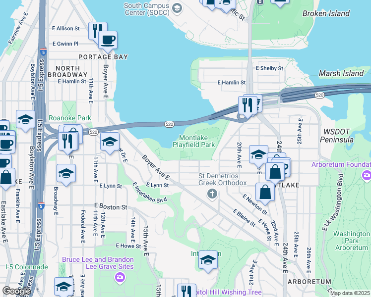map of restaurants, bars, coffee shops, grocery stores, and more near 1618 East Calhoun Street in Seattle