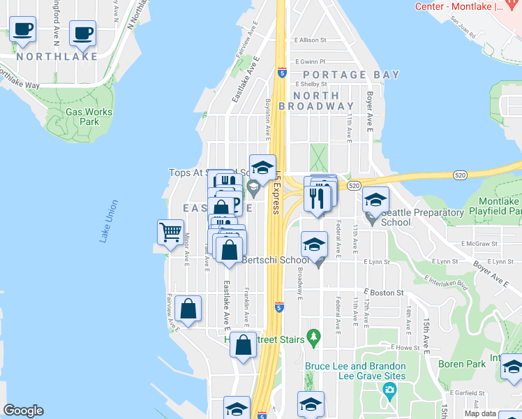 map of restaurants, bars, coffee shops, grocery stores, and more near 2403 Boylston Avenue East in Seattle