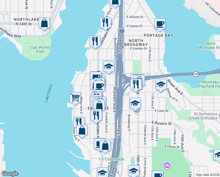 map of restaurants, bars, coffee shops, grocery stores, and more near 2403 Boylston Avenue East in Seattle