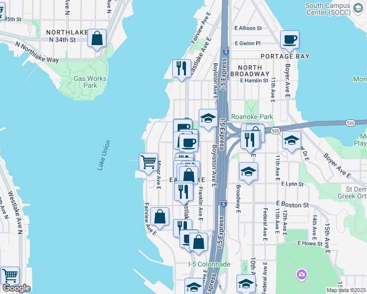map of restaurants, bars, coffee shops, grocery stores, and more near 2366 Eastlake Avenue East in Seattle