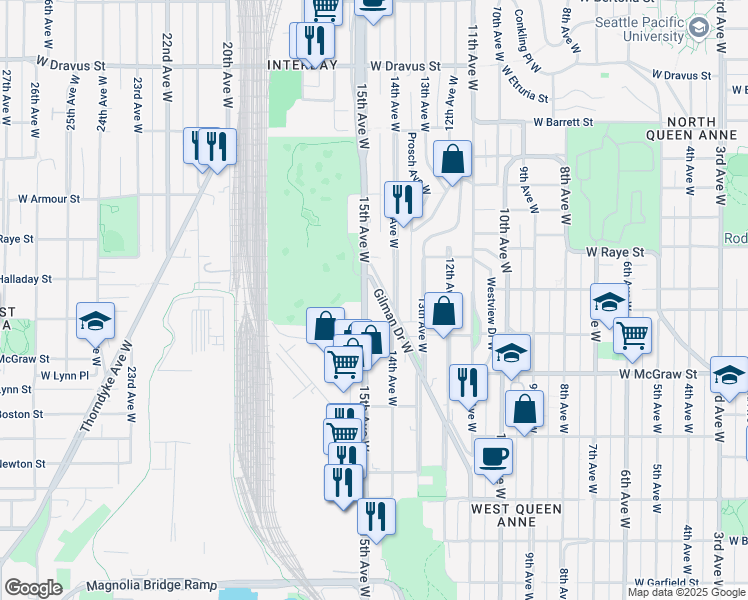 map of restaurants, bars, coffee shops, grocery stores, and more near 2530 15th Avenue West in Seattle