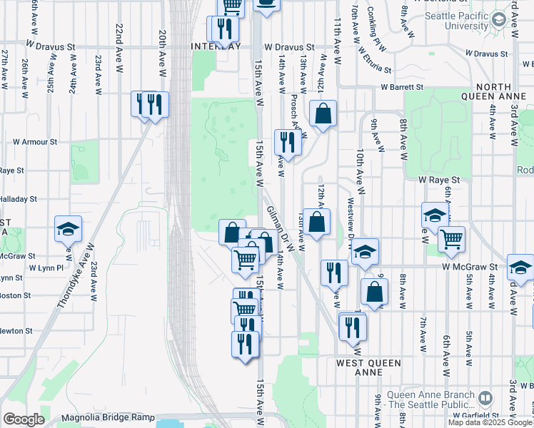 map of restaurants, bars, coffee shops, grocery stores, and more near 2530 15th Avenue West in Seattle