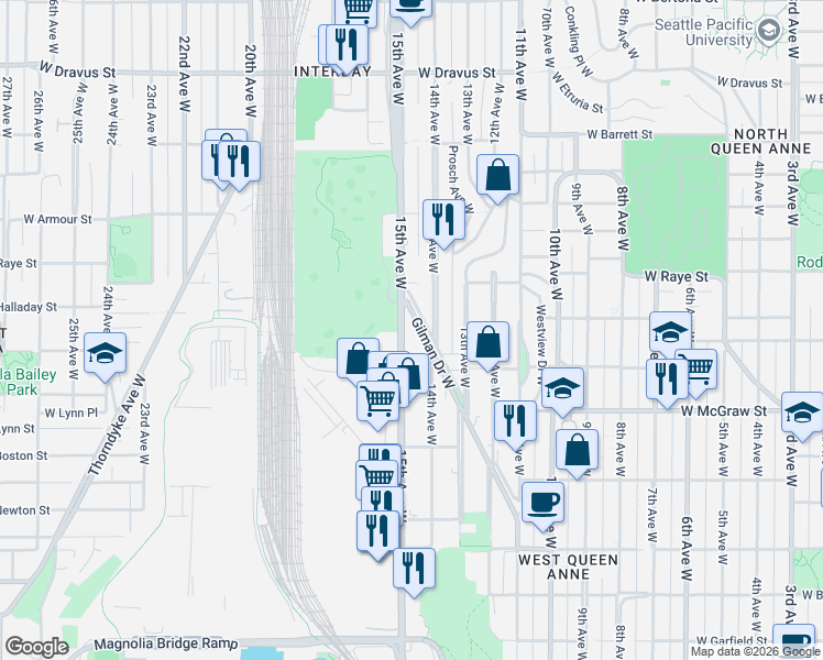 map of restaurants, bars, coffee shops, grocery stores, and more near 2530 15th Avenue West in Seattle