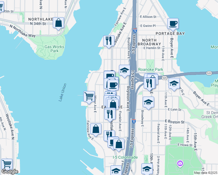 map of restaurants, bars, coffee shops, grocery stores, and more near 2365 Eastlake Avenue East in Seattle