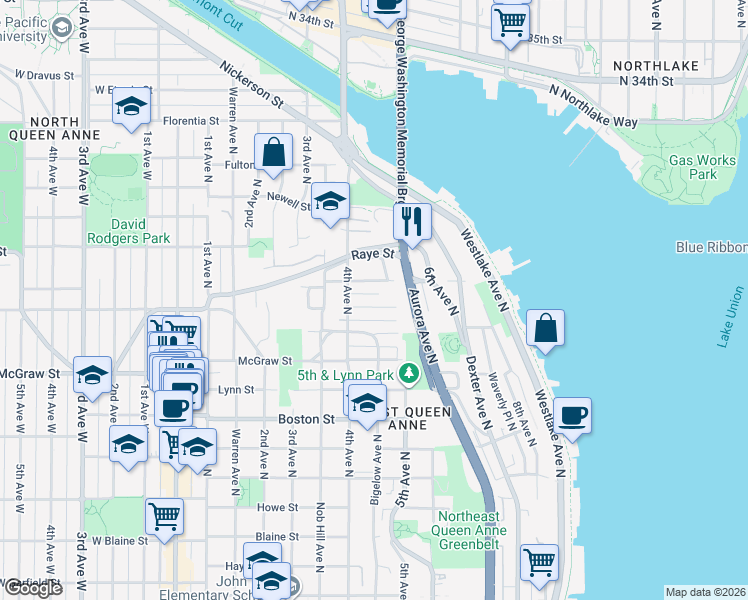 map of restaurants, bars, coffee shops, grocery stores, and more near 426 Smith Street in Seattle