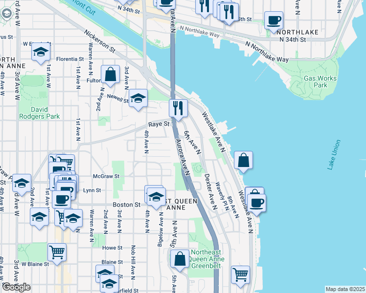 map of restaurants, bars, coffee shops, grocery stores, and more near 2483 Birch Avenue North in Seattle