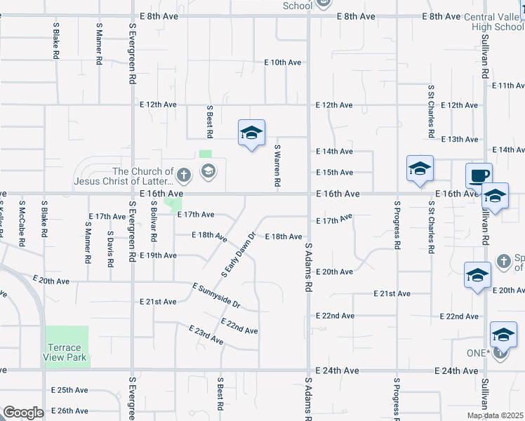 map of restaurants, bars, coffee shops, grocery stores, and more near 1702 South Early Dawn Drive in Spokane Valley