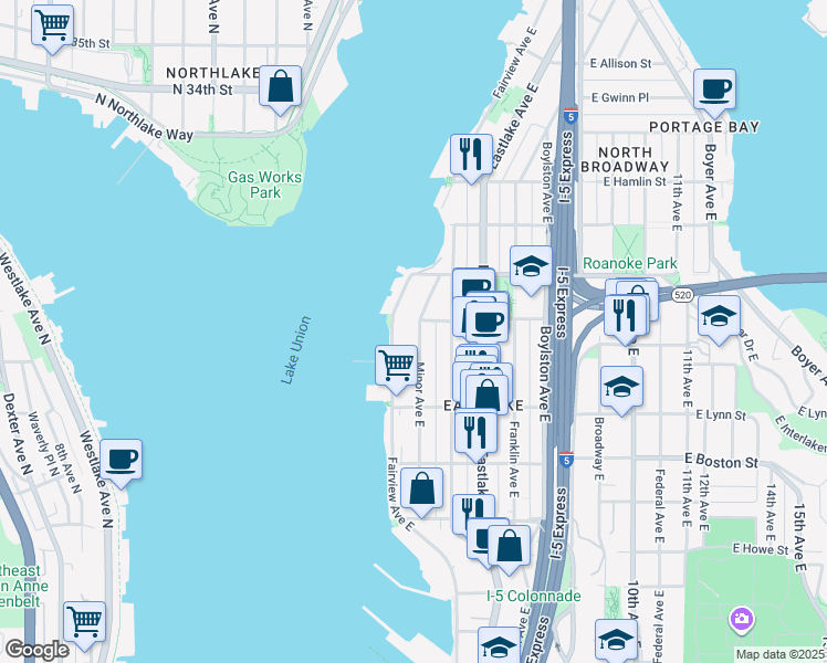 map of restaurants, bars, coffee shops, grocery stores, and more near 2361 Minor Avenue East in Seattle