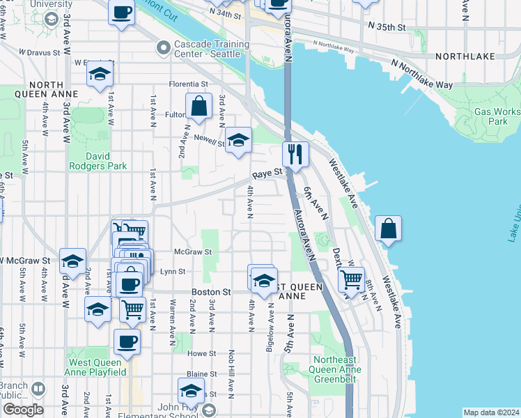 map of restaurants, bars, coffee shops, grocery stores, and more near 412 Smith Street in Seattle