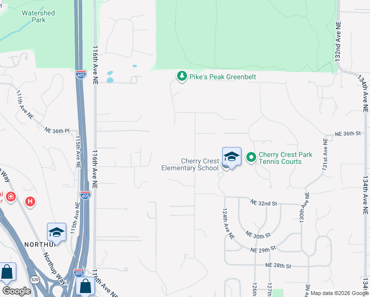 map of restaurants, bars, coffee shops, grocery stores, and more near 3453 122nd Place Northeast in Bellevue