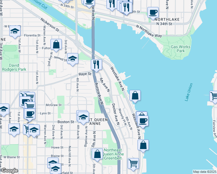 map of restaurants, bars, coffee shops, grocery stores, and more near 2468 6th Avenue North in Seattle