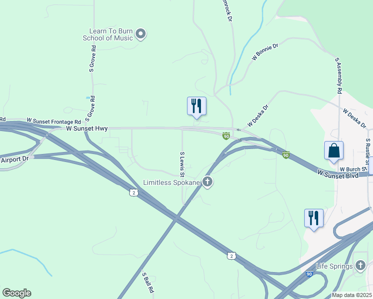 map of restaurants, bars, coffee shops, grocery stores, and more near 1515 South Lewis Street in Spokane