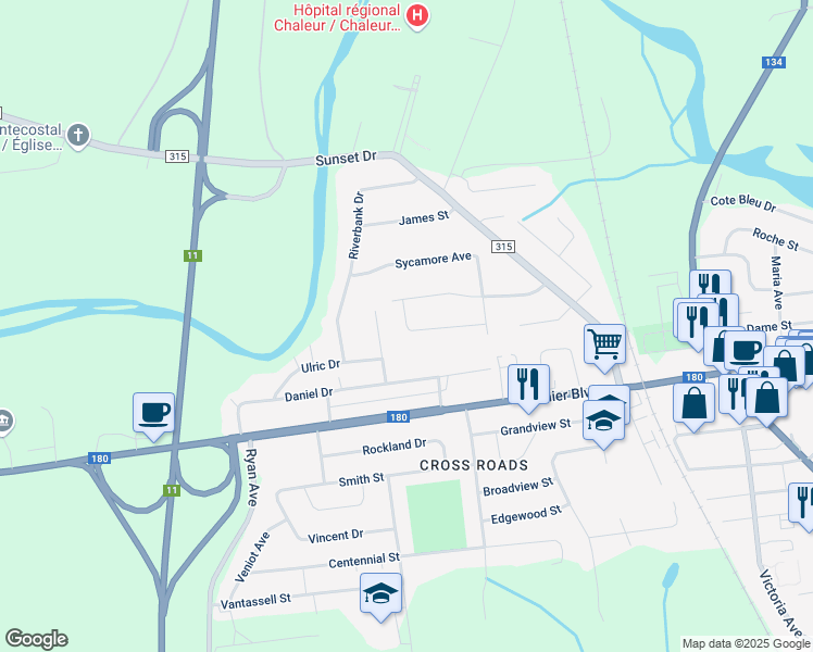 map of restaurants, bars, coffee shops, grocery stores, and more near 1065 Tamarack Drive in Bathurst