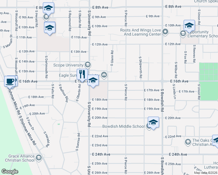 map of restaurants, bars, coffee shops, grocery stores, and more near 10918 East 17th Avenue in Spokane Valley