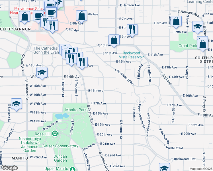 map of restaurants, bars, coffee shops, grocery stores, and more near 401 East 16th Avenue in Spokane