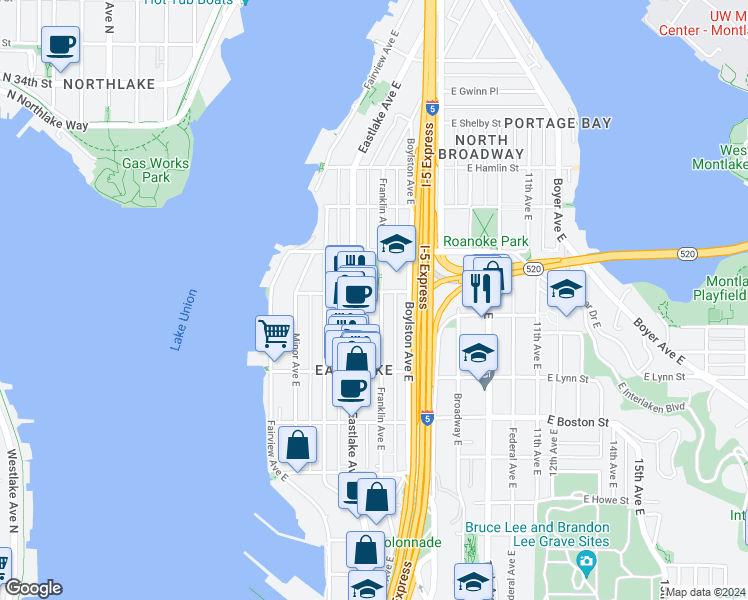 map of restaurants, bars, coffee shops, grocery stores, and more near 2359 Franklin Avenue East in Seattle