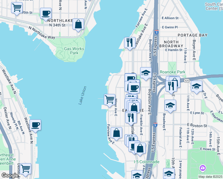 map of restaurants, bars, coffee shops, grocery stores, and more near 2368 Fairview Avenue East in Seattle