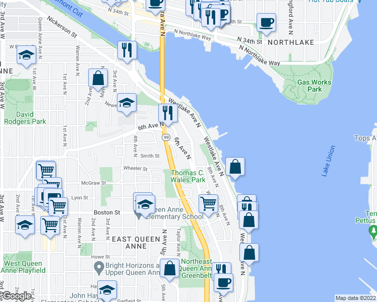 map of restaurants, bars, coffee shops, grocery stores, and more near 2462 Dexter Avenue North in Seattle
