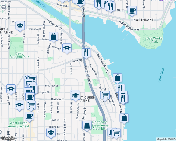 map of restaurants, bars, coffee shops, grocery stores, and more near 2456 Birch Avenue North in Seattle