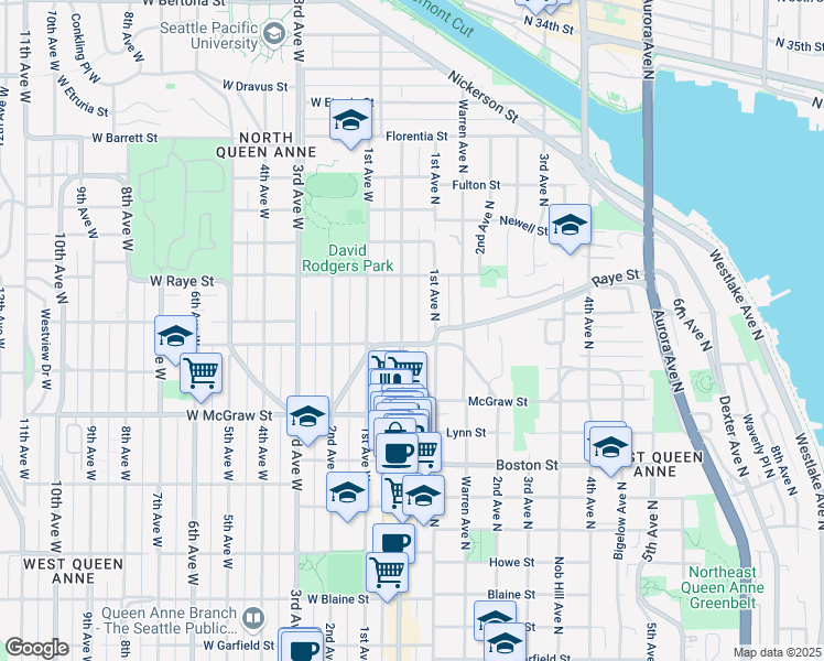 map of restaurants, bars, coffee shops, grocery stores, and more near 8 Smith Street in Seattle