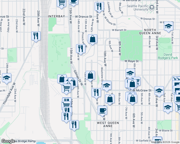 map of restaurants, bars, coffee shops, grocery stores, and more near 2525 12th Avenue West in Seattle