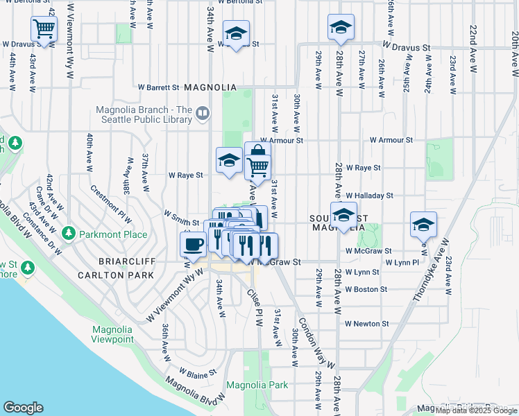 map of restaurants, bars, coffee shops, grocery stores, and more near 2518 32nd Avenue West in Seattle