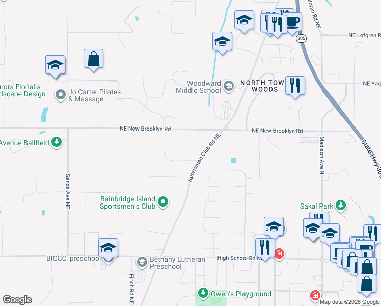 map of restaurants, bars, coffee shops, grocery stores, and more near 8711 Sportsman Club Road Northeast in Bainbridge Island