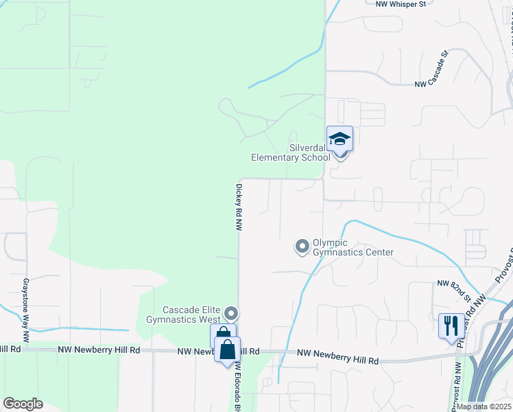 map of restaurants, bars, coffee shops, grocery stores, and more near 8612 Dickey Road Northwest in Silverdale