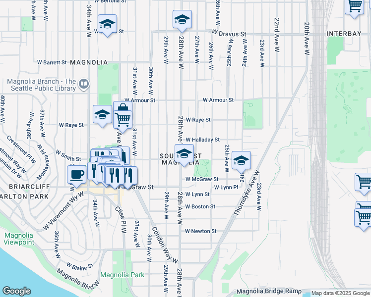 map of restaurants, bars, coffee shops, grocery stores, and more near 2508 28th Avenue West in Seattle