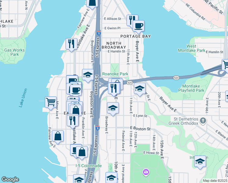 map of restaurants, bars, coffee shops, grocery stores, and more near 916 East Miller Street in Seattle