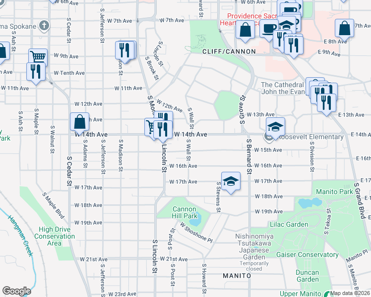 map of restaurants, bars, coffee shops, grocery stores, and more near 717 West 15th Avenue in Spokane