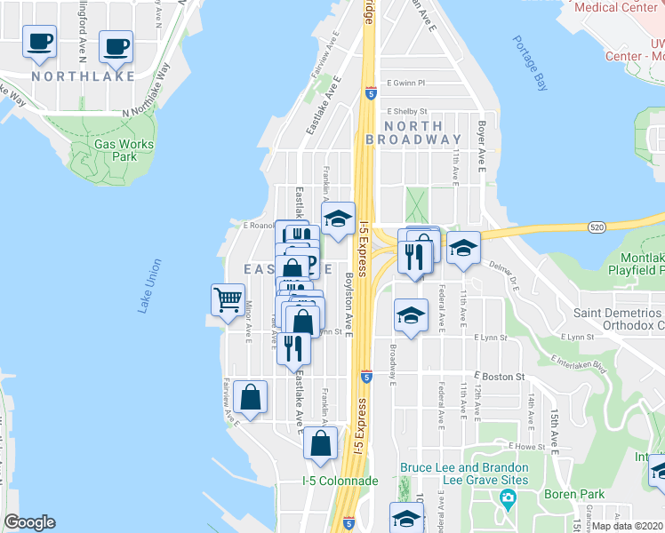 map of restaurants, bars, coffee shops, grocery stores, and more near 2372 Franklin Avenue East in Seattle