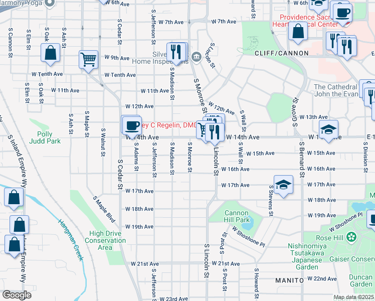map of restaurants, bars, coffee shops, grocery stores, and more near 925 West 15th Avenue in Spokane