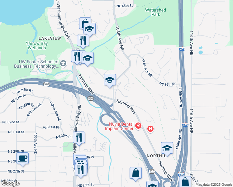 map of restaurants, bars, coffee shops, grocery stores, and more near 10830 Northeast 34th Place in Bellevue