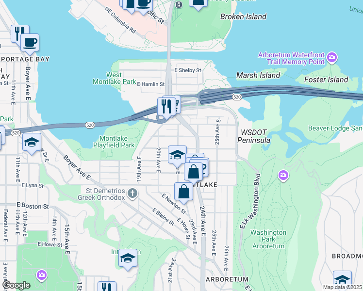 map of restaurants, bars, coffee shops, grocery stores, and more near 2463 22nd Avenue East in Seattle