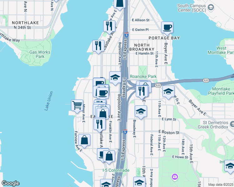 map of restaurants, bars, coffee shops, grocery stores, and more near 2403 Boylston Avenue East in Seattle