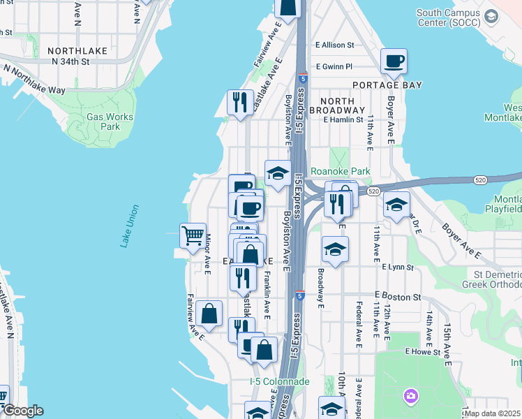 map of restaurants, bars, coffee shops, grocery stores, and more near 2359 Franklin Avenue East in Seattle