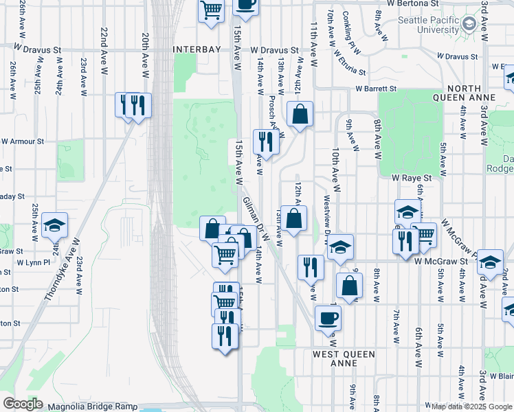 map of restaurants, bars, coffee shops, grocery stores, and more near 2516 14th Avenue West in Seattle