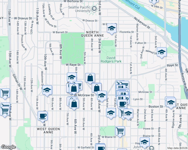 map of restaurants, bars, coffee shops, grocery stores, and more near 402 West Smith Street in Seattle