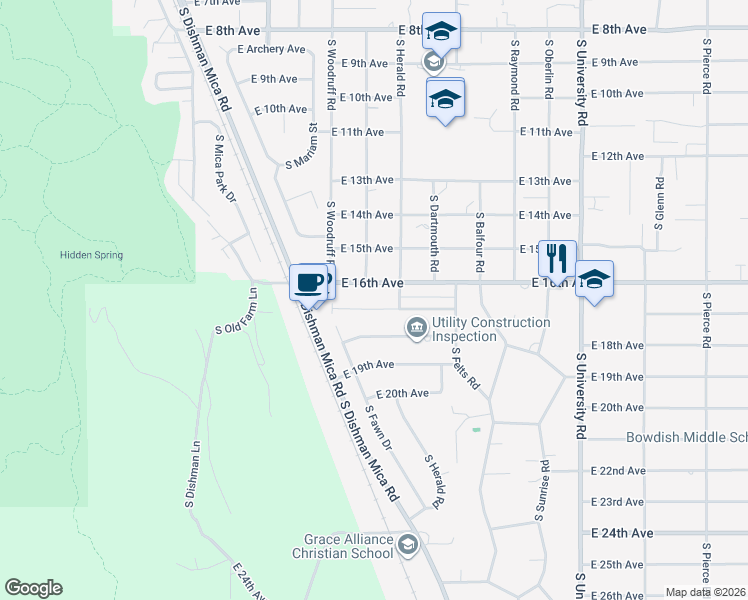 map of restaurants, bars, coffee shops, grocery stores, and more near 10016 East 17th Lane in Spokane Valley