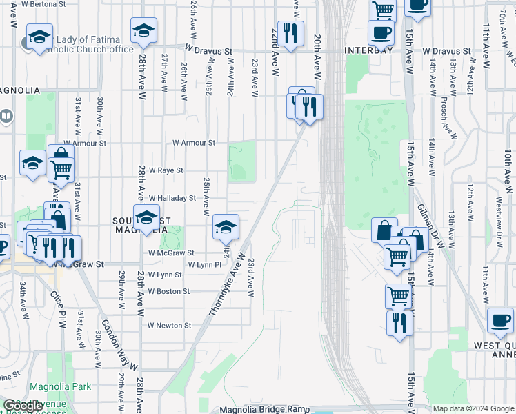 map of restaurants, bars, coffee shops, grocery stores, and more near 2515 Thorndyke Avenue West in Seattle