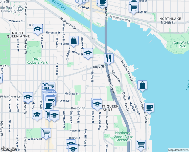 map of restaurants, bars, coffee shops, grocery stores, and more near 412 Smith Street in Seattle