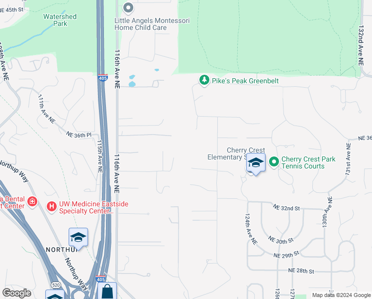 map of restaurants, bars, coffee shops, grocery stores, and more near 3435 122nd Place Northeast in Bellevue